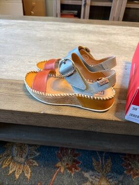PIKOLINOS brown and Light Blue/brown Leather Wedge Sandals